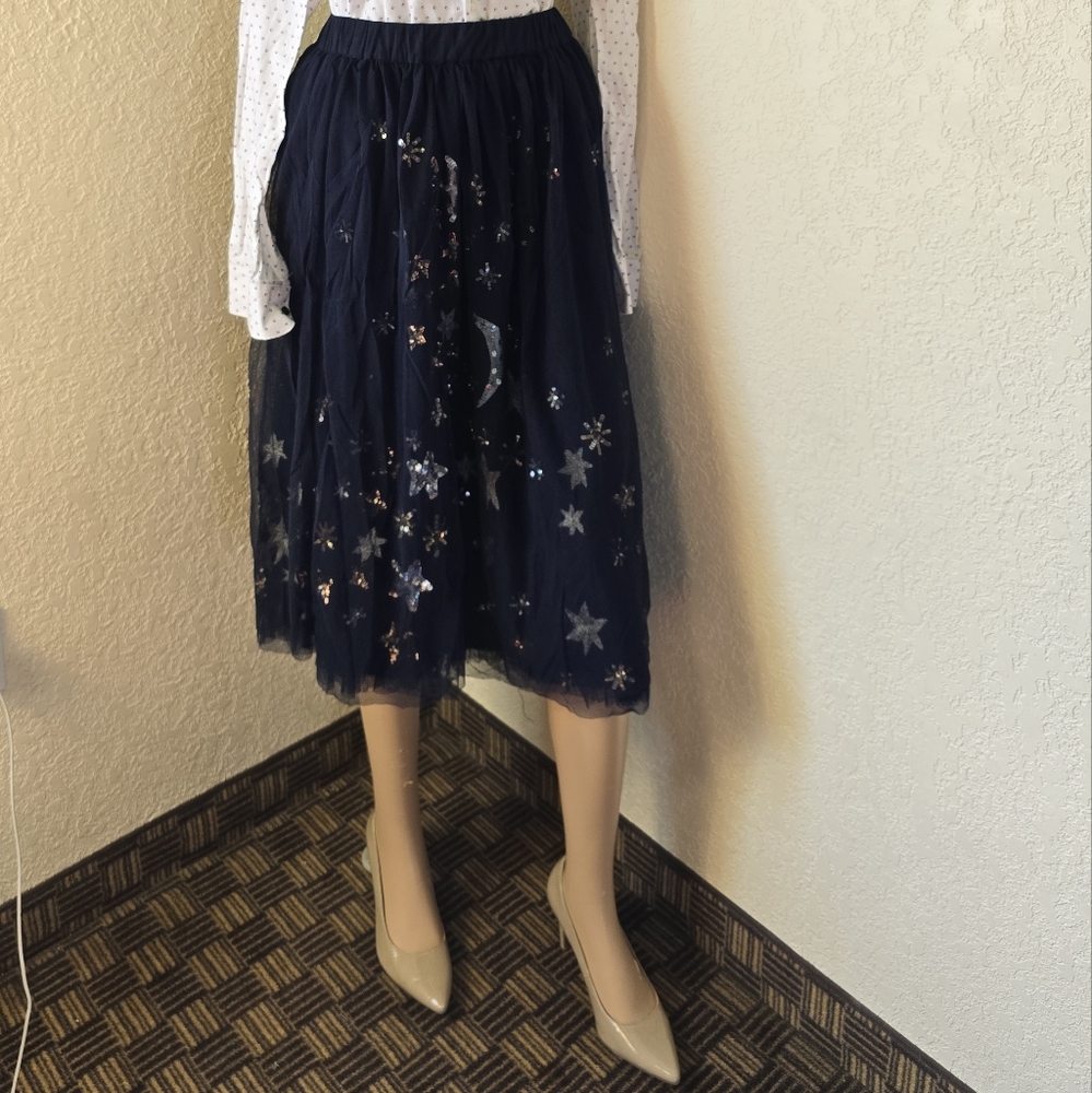 Moulinette Soeurs Blue Silver Embellished Midi Skirt